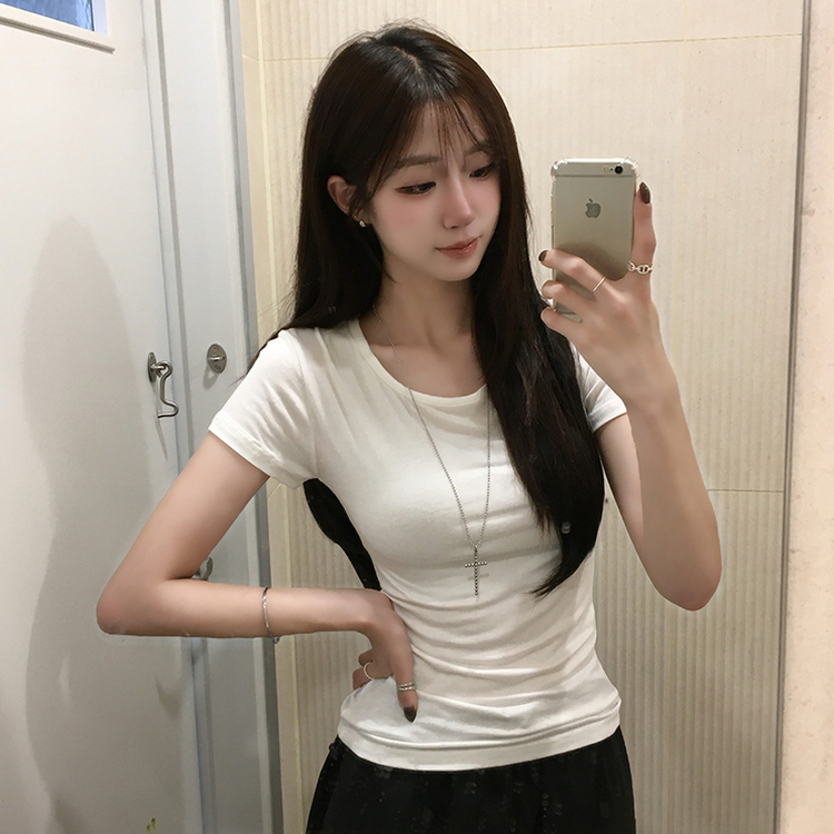 쫀득모찌 라운드 슬림핏 여름 반팔 티셔츠 허리잘록 찰랑 데일리 반팔 프리미엄 베이직 세미 크롭 상의 11color 아이보리