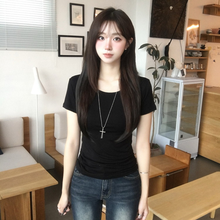 쫀득모찌 라운드 슬림핏 여름 반팔 티셔츠 허리잘록 찰랑 데일리 반팔 프리미엄 베이직 세미 크롭 상의 11color 블랙