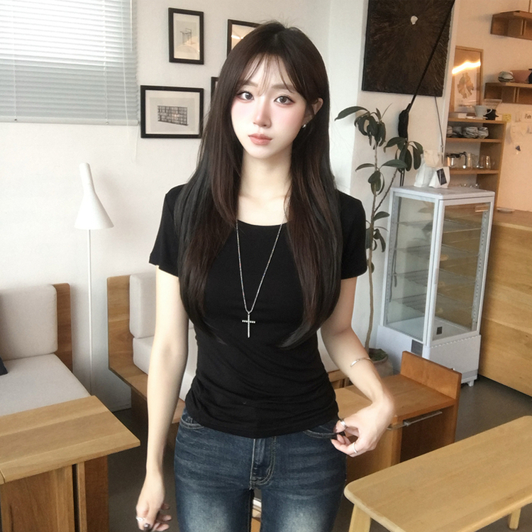 쫀득모찌 라운드 슬림핏 여름 반팔 티셔츠 허리잘록 찰랑 데일리 반팔 프리미엄 베이직 세미 크롭 상의 11color 블랙
