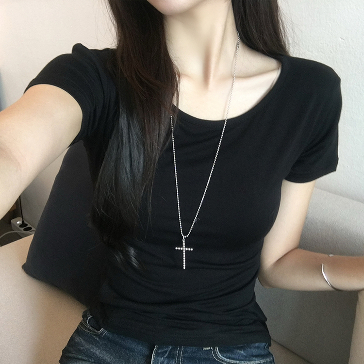 쫀득모찌 라운드 슬림핏 여름 반팔 티셔츠 허리잘록 찰랑 데일리 반팔 프리미엄 베이직 세미 크롭 상의 11color 블랙