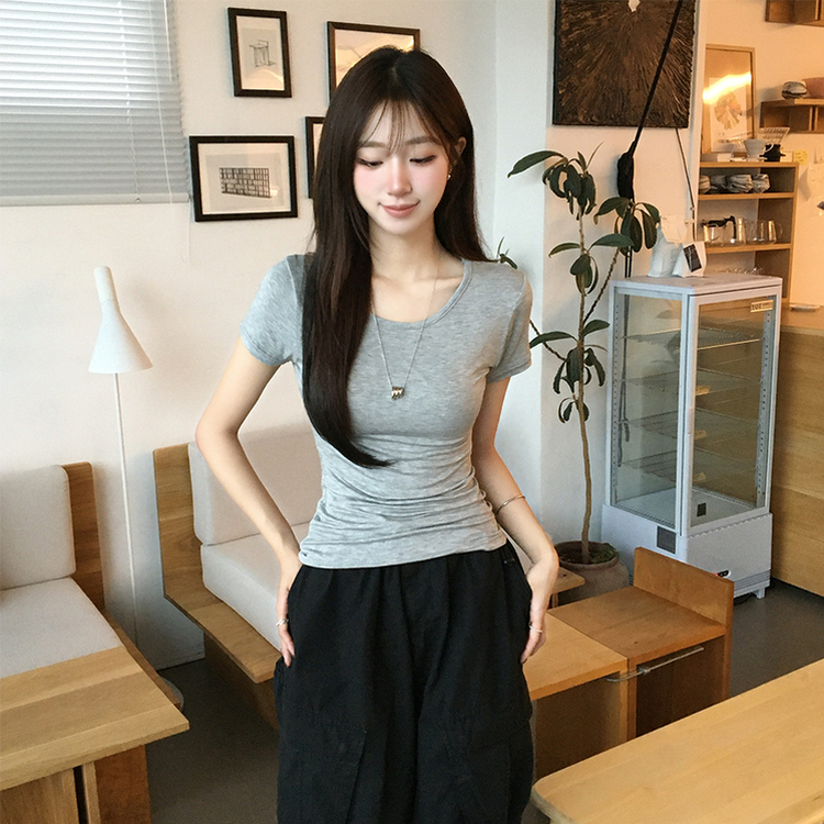 쫀득모찌 라운드 슬림핏 여름 반팔 티셔츠 허리잘록 찰랑 데일리 반팔 프리미엄 베이직 세미 크롭 상의 11color 그레이