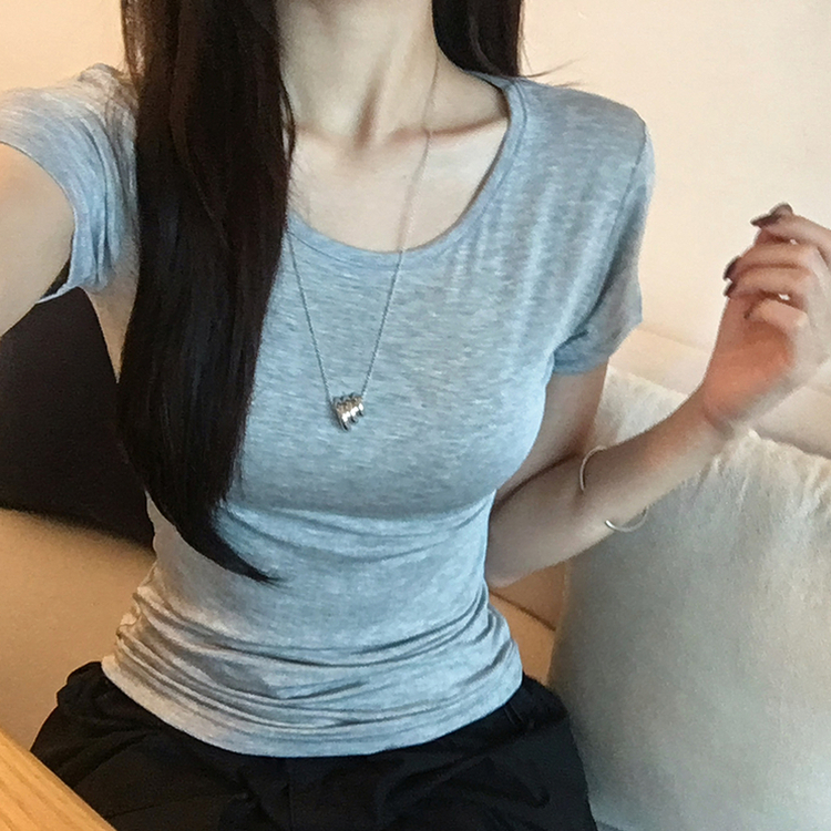 쫀득모찌 라운드 슬림핏 여름 반팔 티셔츠 허리잘록 찰랑 데일리 반팔 프리미엄 베이직 세미 크롭 상의 11color 그레이