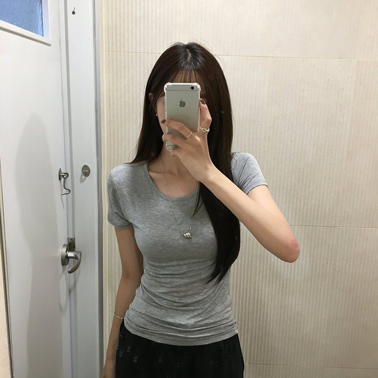 쫀득모찌 라운드 슬림핏 여름 반팔 티셔츠 허리잘록 찰랑 데일리 반팔 프리미엄 베이직 세미 크롭 상의 11color 그레이