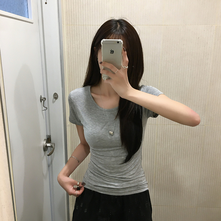 쫀득모찌 라운드 슬림핏 여름 반팔 티셔츠 허리잘록 찰랑 데일리 반팔 프리미엄 베이직 세미 크롭 상의 11color 그레이