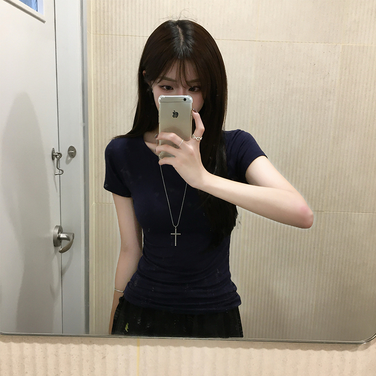 쫀득모찌 라운드 슬림핏 여름 반팔 티셔츠 허리잘록 찰랑 데일리 반팔 프리미엄 베이직 세미 크롭 상의 11color 네이비