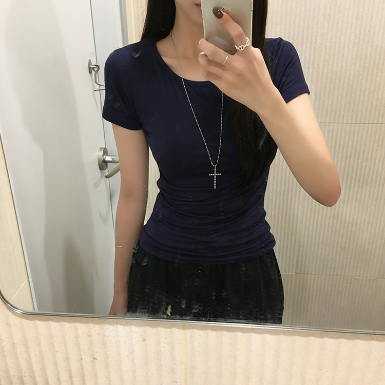쫀득모찌 라운드 슬림핏 여름 반팔 티셔츠 허리잘록 찰랑 데일리 반팔 프리미엄 베이직 세미 크롭 상의 11color 네이비