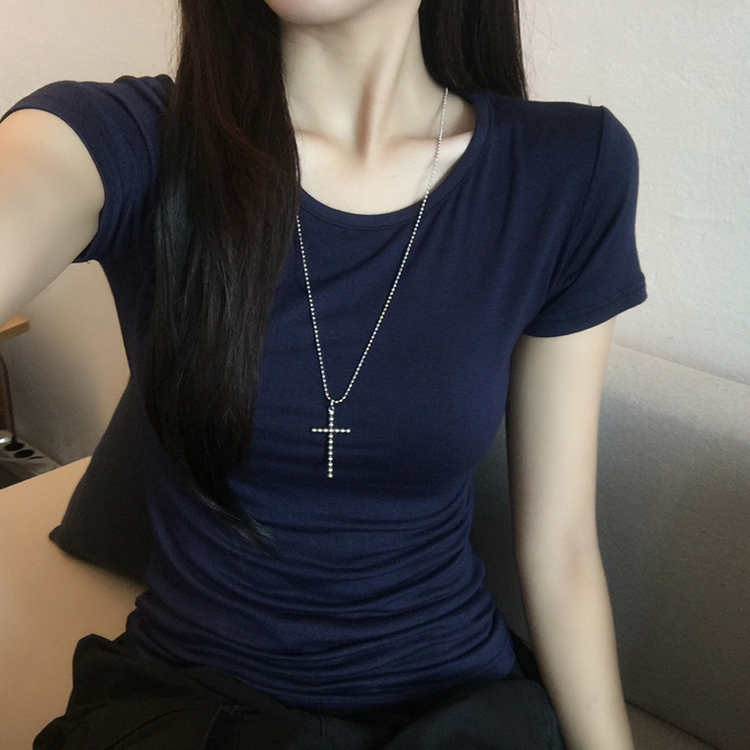 쫀득모찌 라운드 슬림핏 여름 반팔 티셔츠 허리잘록 찰랑 데일리 반팔 프리미엄 베이직 세미 크롭 상의 11color 네이비