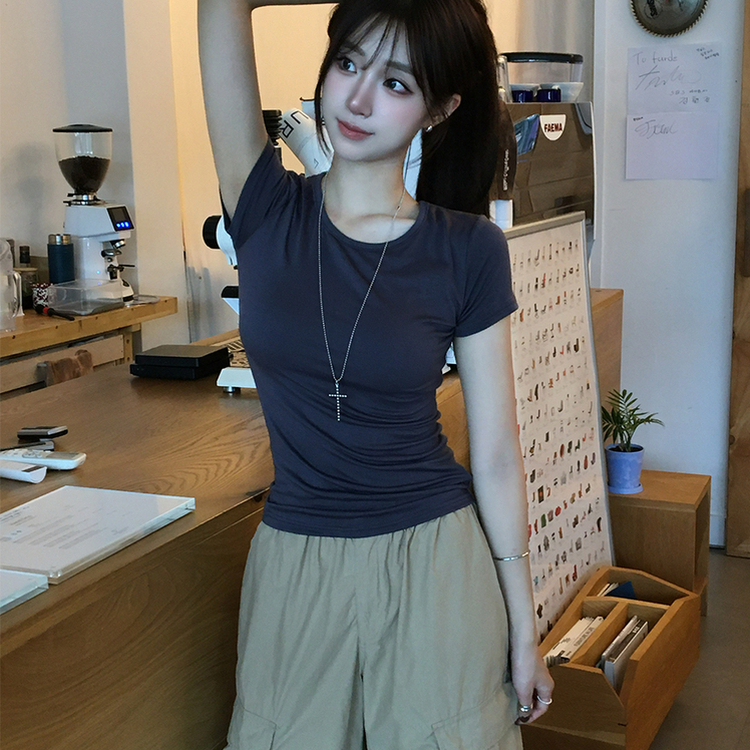 쫀득모찌 라운드 슬림핏 여름 반팔 티셔츠 허리잘록 찰랑 데일리 반팔 프리미엄 베이직 세미 크롭 상의 11color 네이비