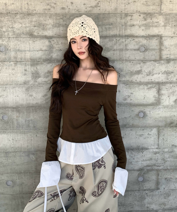 シャツレイヤード長袖Tシャツ BROWN
