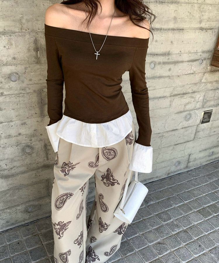 シャツレイヤード長袖Tシャツ BROWN