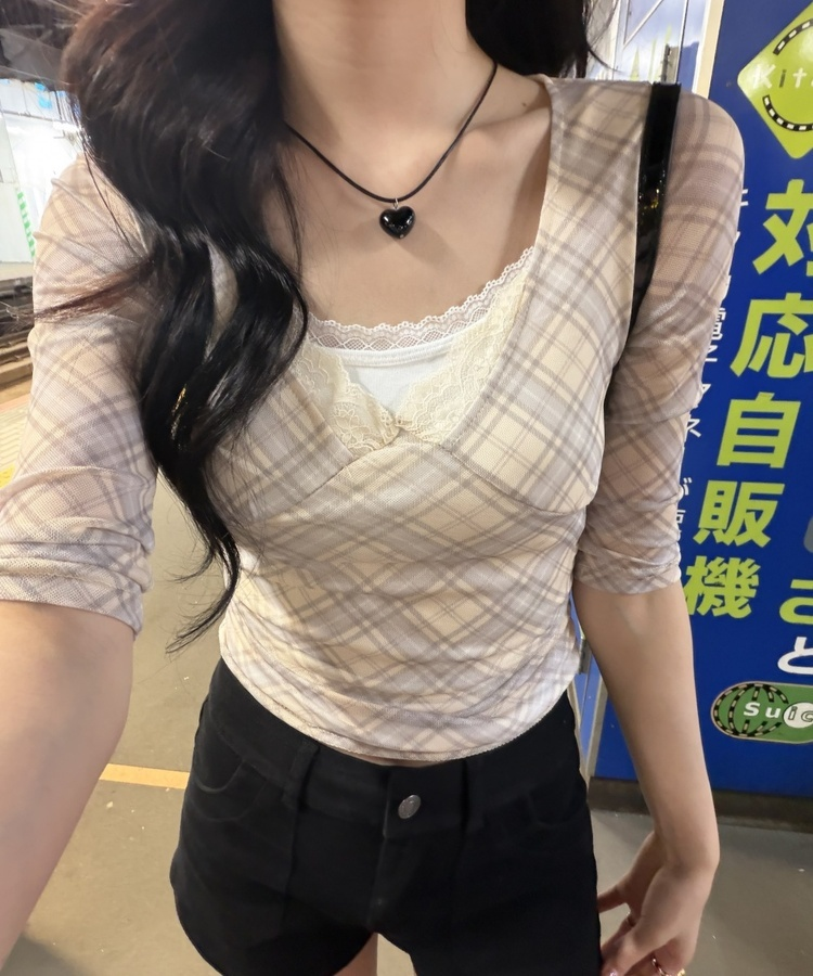 チェックVネック7分袖Tシャツ BEIGE