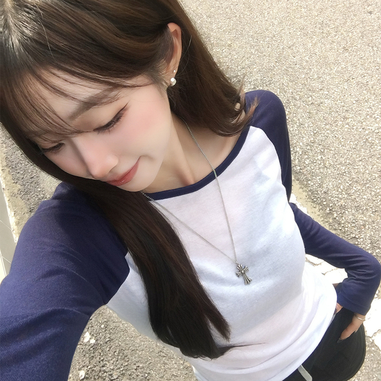 살안타 피피 보트넥 여름 시스루 배색 긴팔 티셔츠 나그랑 데일리 살탐방지 긴팔티 오프숄더 슬림핏 상의 5color 네이비