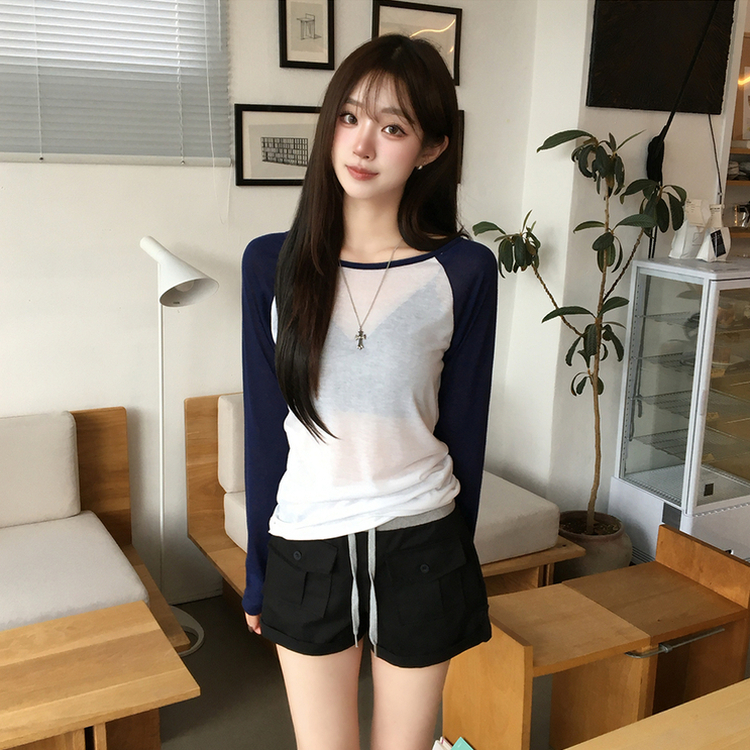 살안타 피피 보트넥 여름 시스루 배색 긴팔 티셔츠 나그랑 데일리 살탐방지 긴팔티 오프숄더 슬림핏 상의 5color 네이비