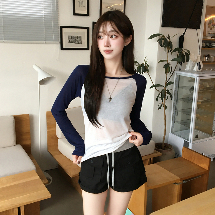 살안타 피피 보트넥 여름 시스루 배색 긴팔 티셔츠 나그랑 데일리 살탐방지 긴팔티 오프숄더 슬림핏 상의 5color 네이비