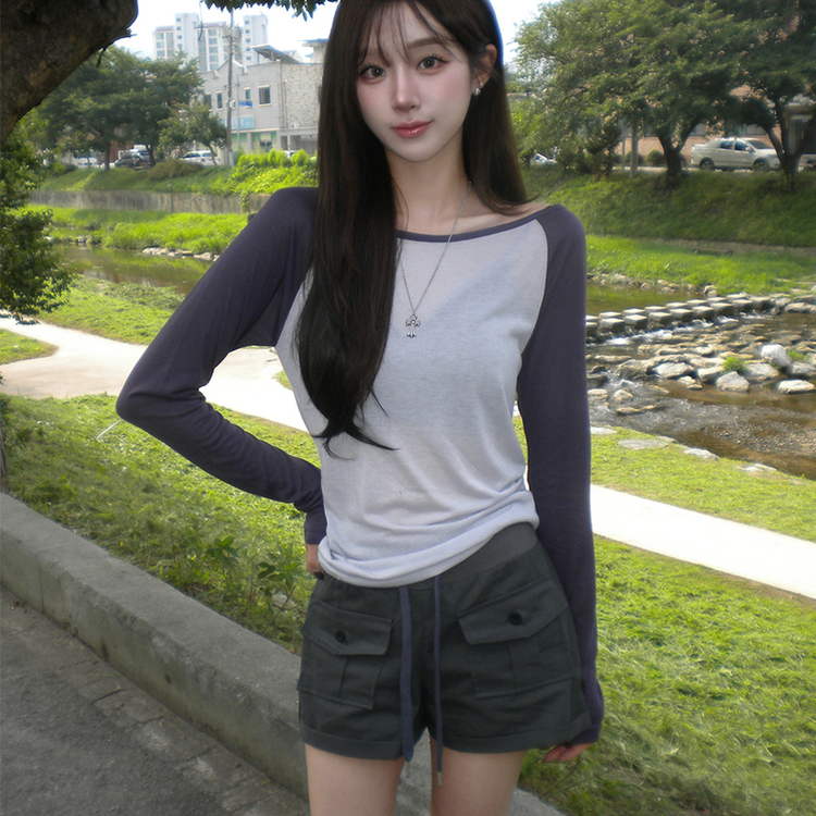 살안타 피피 보트넥 여름 시스루 배색 긴팔 티셔츠 나그랑 데일리 살탐방지 긴팔티 오프숄더 슬림핏 상의 5color 퍼플