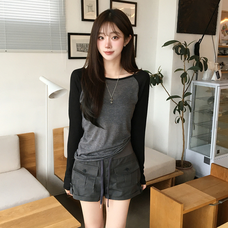 살안타 피피 보트넥 여름 시스루 배색 긴팔 티셔츠 나그랑 데일리 살탐방지 긴팔티 오프숄더 슬림핏 상의 5color 블랙