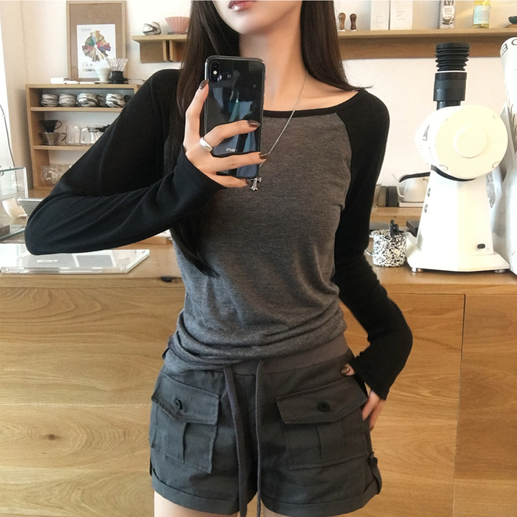 살안타 피피 보트넥 여름 시스루 배색 긴팔 티셔츠 나그랑 데일리 살탐방지 긴팔티 오프숄더 슬림핏 상의 5color 블랙