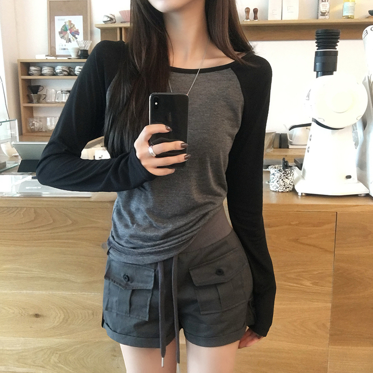 살안타 피피 보트넥 여름 시스루 배색 긴팔 티셔츠 나그랑 데일리 살탐방지 긴팔티 오프숄더 슬림핏 상의 5color 블랙