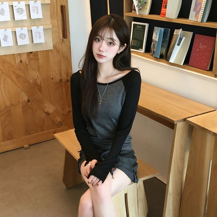 살안타 피피 보트넥 여름 시스루 배색 긴팔 티셔츠 나그랑 데일리 살탐방지 긴팔티 오프숄더 슬림핏 상의 5color 블랙