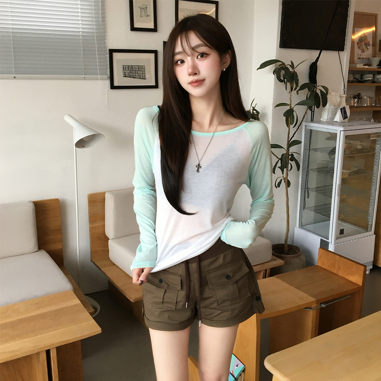 살안타 피피 보트넥 여름 시스루 배색 긴팔 티셔츠 나그랑 데일리 살탐방지 긴팔티 오프숄더 슬림핏 상의 5color 민트