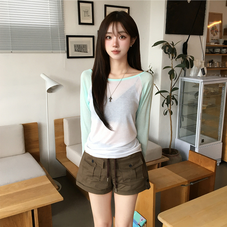 살안타 피피 보트넥 여름 시스루 배색 긴팔 티셔츠 나그랑 데일리 살탐방지 긴팔티 오프숄더 슬림핏 상의 5color 민트