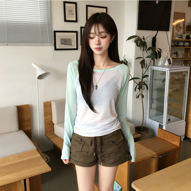 살안타 피피 보트넥 여름 시스루 배색 긴팔 티셔츠 나그랑 데일리 살탐방지 긴팔티 오프숄더 슬림핏 상의 5color 민트