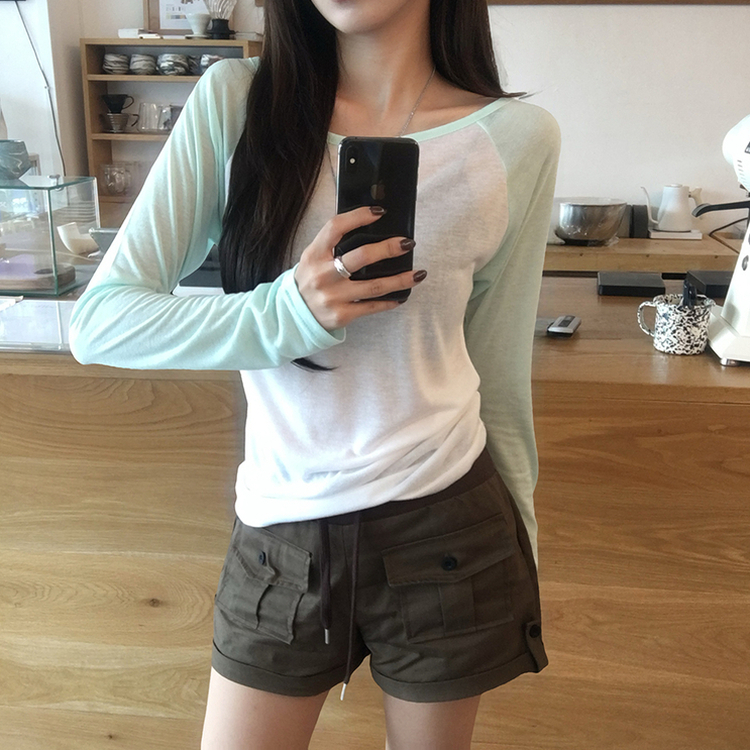 살안타 피피 보트넥 여름 시스루 배색 긴팔 티셔츠 나그랑 데일리 살탐방지 긴팔티 오프숄더 슬림핏 상의 5color 민트