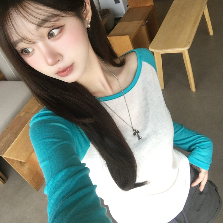 살안타 피피 보트넥 여름 시스루 배색 긴팔 티셔츠 나그랑 데일리 살탐방지 긴팔티 오프숄더 슬림핏 상의 5color 블루