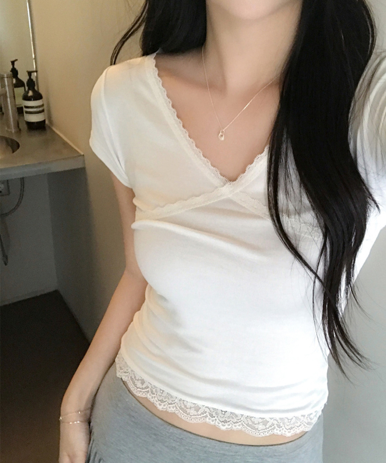 レースVネック半袖Tシャツ IVORY