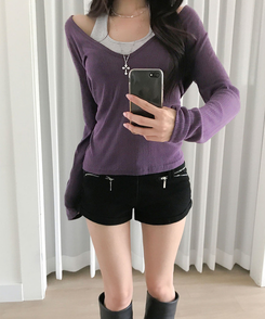 슬러 딥브이넥 레이어드 시스루 긴팔 티셔츠 퍼플