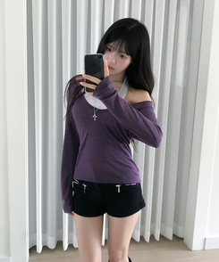 슬러 딥브이넥 레이어드 시스루 긴팔 티셔츠 퍼플