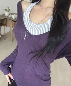 슬러 딥브이넥 레이어드 시스루 긴팔 티셔츠 퍼플