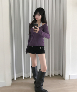 슬러 딥브이넥 레이어드 시스루 긴팔 티셔츠 퍼플