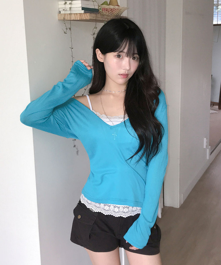 슬러 딥브이넥 레이어드 시스루 긴팔 티셔츠 아쿠아블루