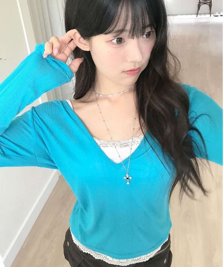 슬러 딥브이넥 레이어드 시스루 긴팔 티셔츠 아쿠아블루