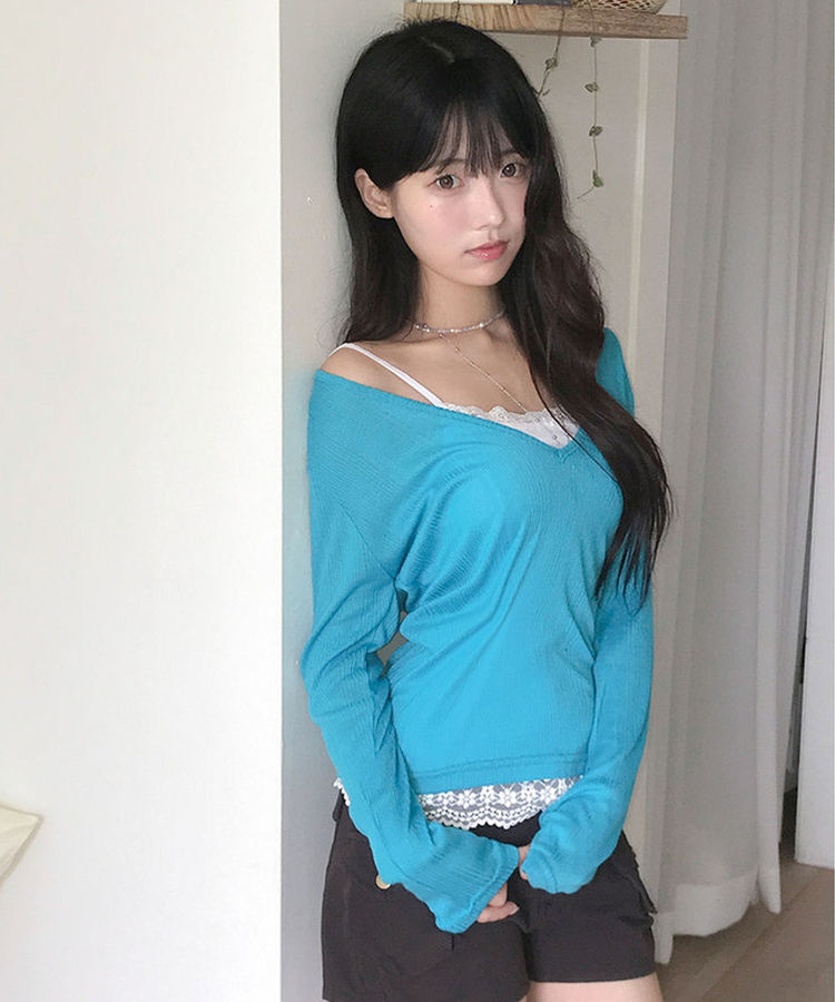 슬러 딥브이넥 레이어드 시스루 긴팔 티셔츠 아쿠아블루