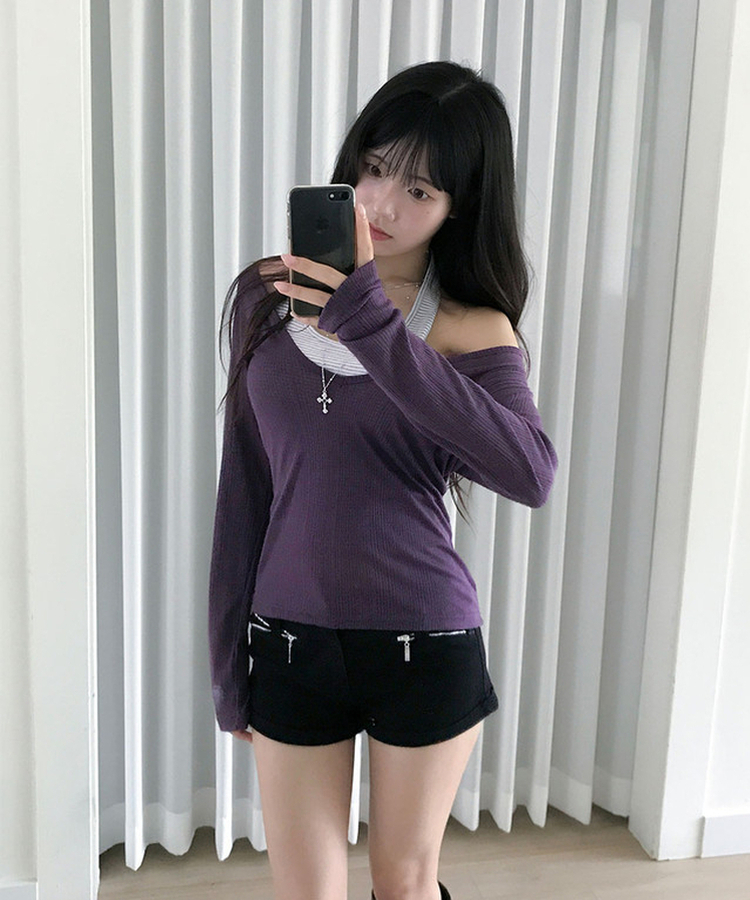 슬러 딥브이넥 레이어드 시스루 긴팔 티셔츠 퍼플