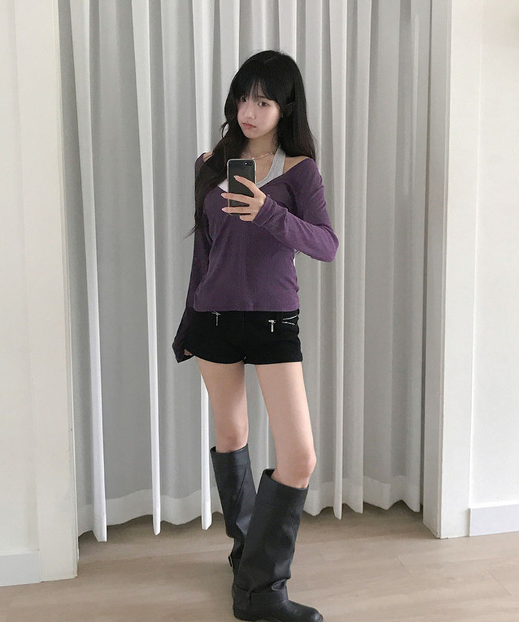 슬러 딥브이넥 레이어드 시스루 긴팔 티셔츠 퍼플