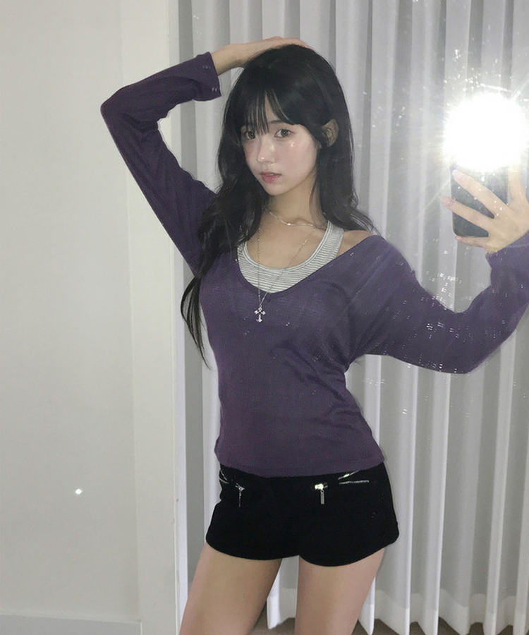 슬러 딥브이넥 레이어드 시스루 긴팔 티셔츠 퍼플