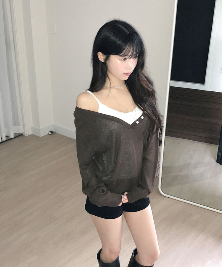 ボタンディープVネックシアールーズニット BROWN