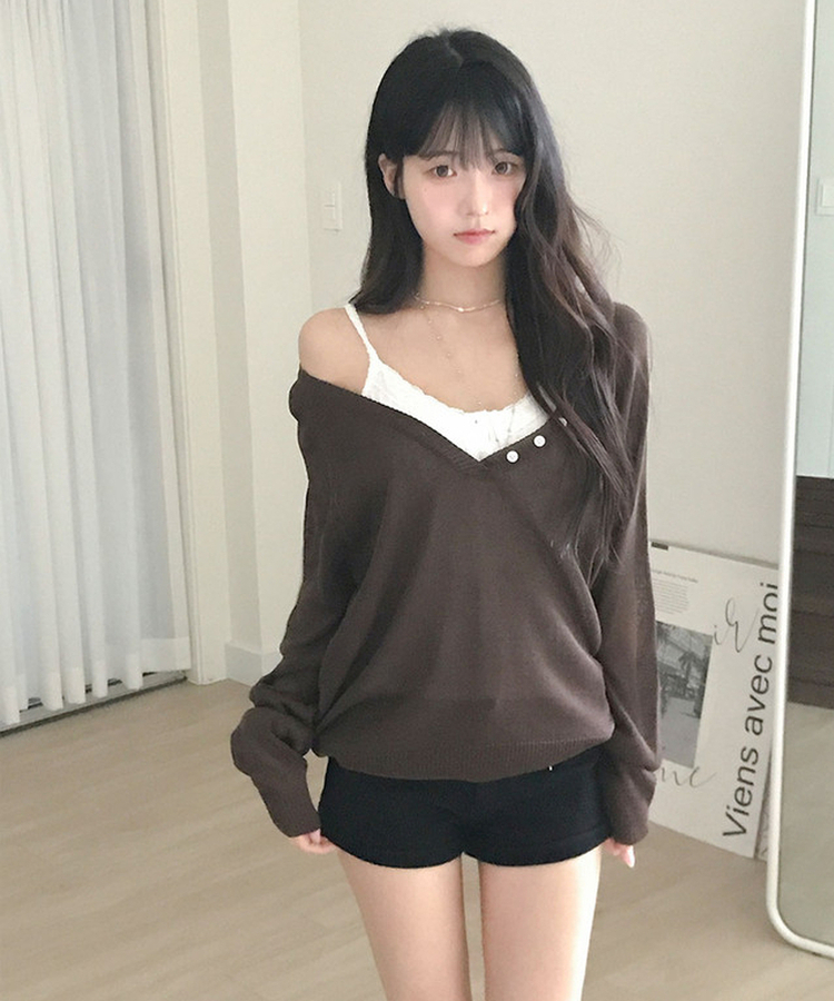 ボタンディープVネックシアールーズニット BROWN