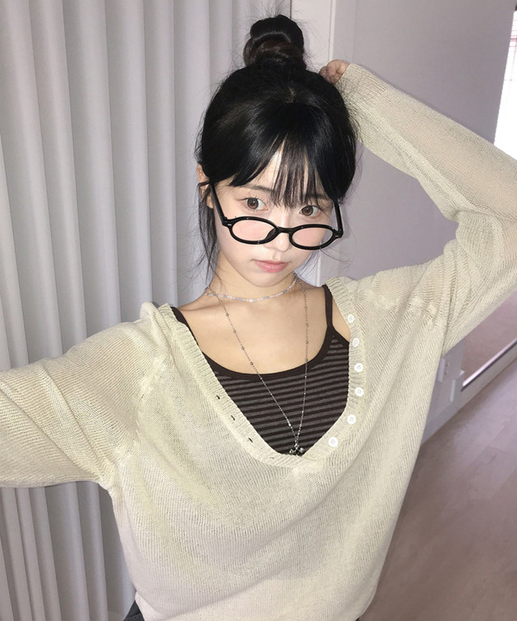 ボタンディープVネックシアールーズニット BEIGE