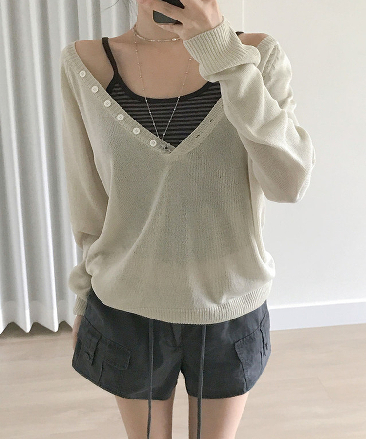 ボタンディープVネックシアールーズニット BEIGE