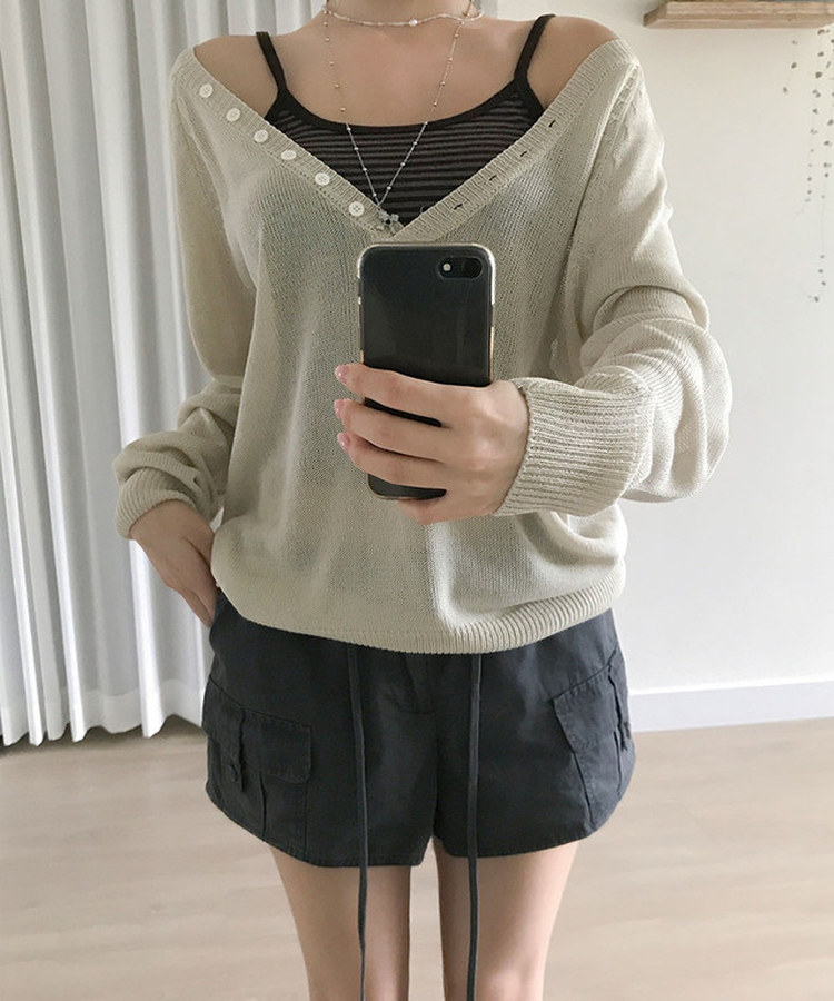 ボタンディープVネックシアールーズニット BEIGE