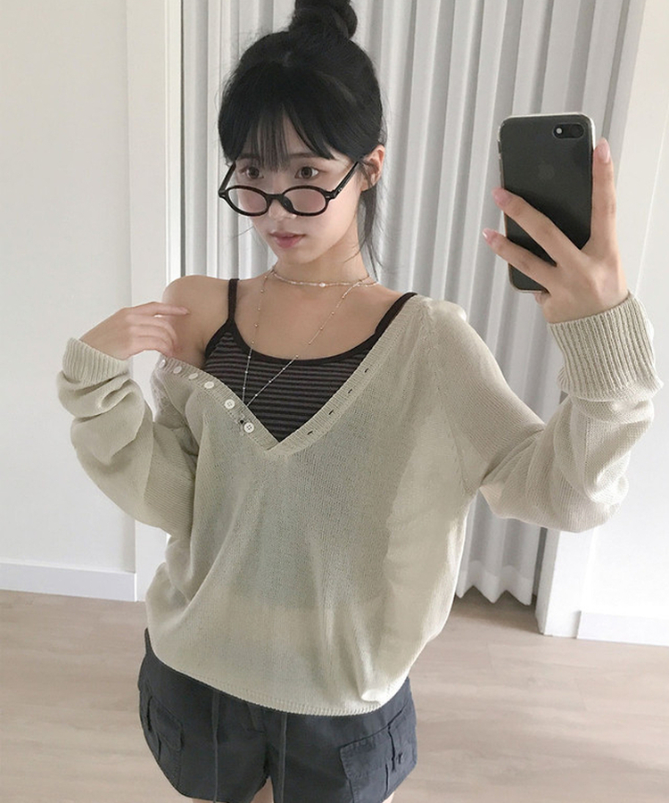 ボタンディープVネックシアールーズニット BEIGE