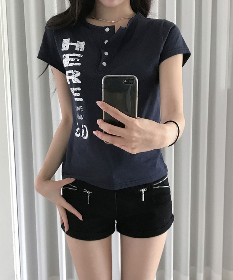 리즐 헨리넥 슬림 크랙 레터링 프린팅 반팔 티셔츠 네이비