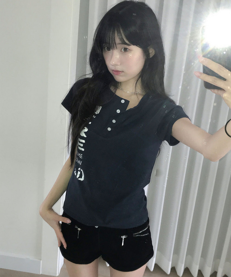 리즐 헨리넥 슬림 크랙 레터링 프린팅 반팔 티셔츠 네이비