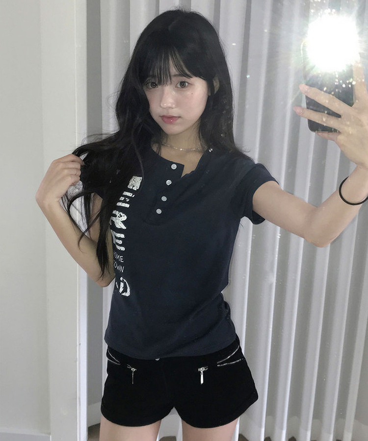 리즐 헨리넥 슬림 크랙 레터링 프린팅 반팔 티셔츠 네이비
