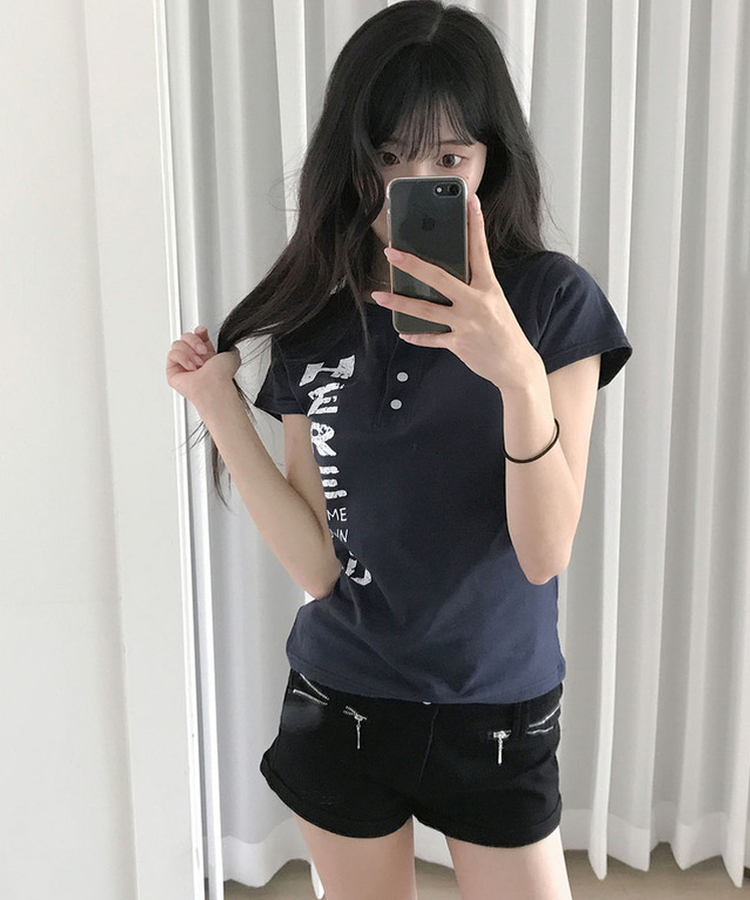 리즐 헨리넥 슬림 크랙 레터링 프린팅 반팔 티셔츠 네이비