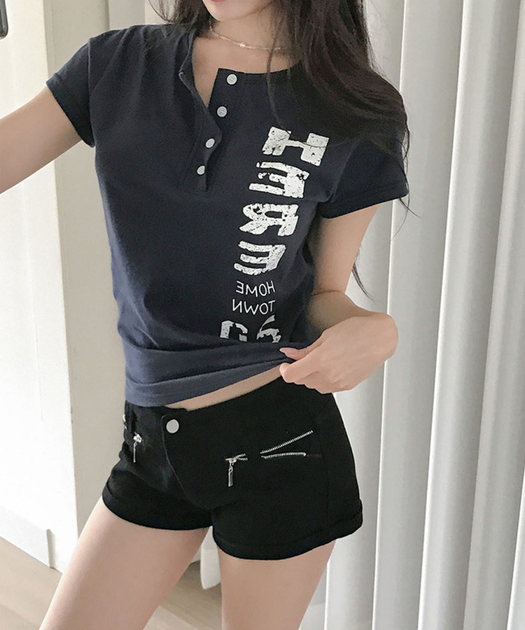 리즐 헨리넥 슬림 크랙 레터링 프린팅 반팔 티셔츠 네이비